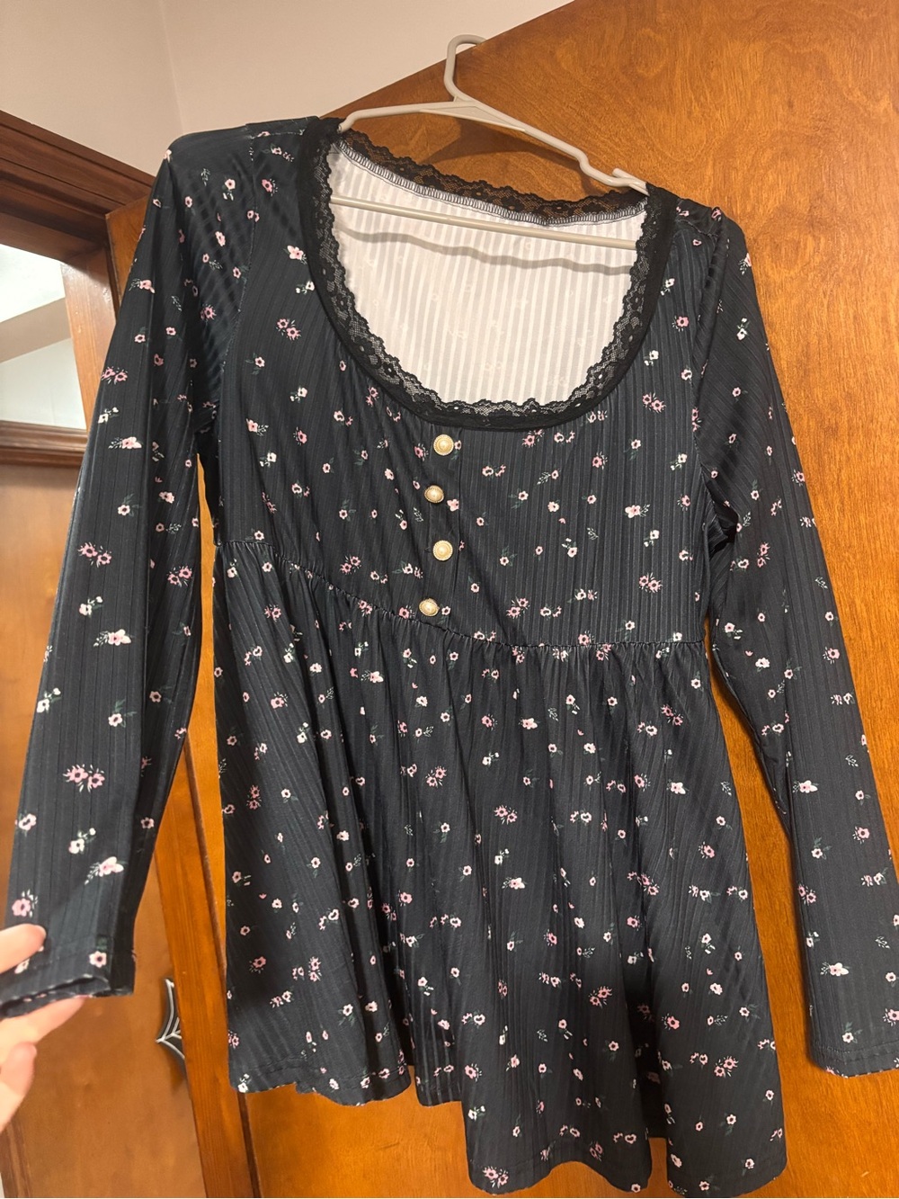 Dark Floral Scoop Neck Peplum Top - Black with Pink Flowers - Picture 3 of 3